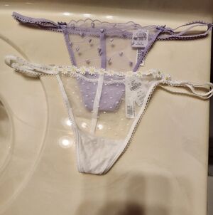 Victoria Secret Purple and White Lace Thong NWT Sz Med
